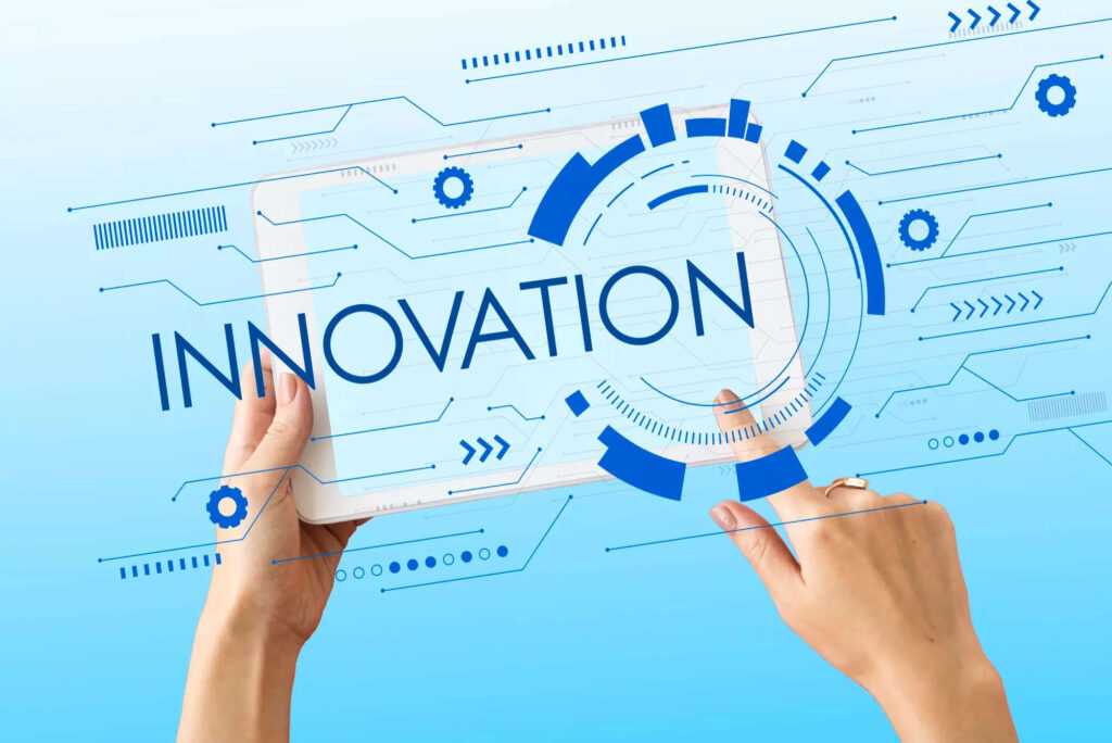 a hand holding a mobile device and a title with the word innovation