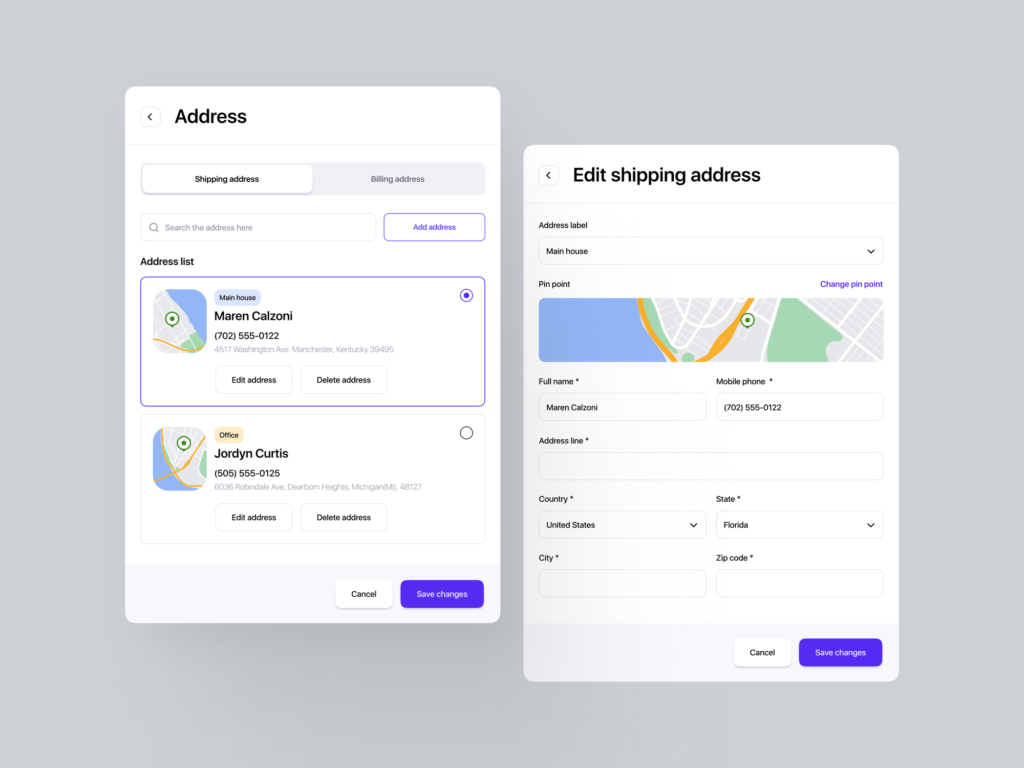 shows the process of selecting a shipping address in an app